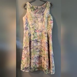 Dress Barn Fit and Flare Dress, Size 14, Botanical Bird Print, Zip Closure, Slee